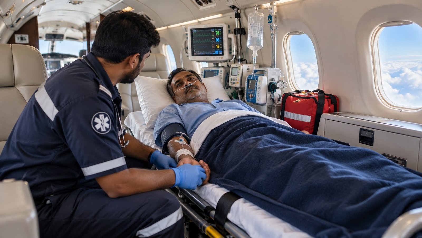 Patient being cared for aboard an air ambulance during a long-distance transfer