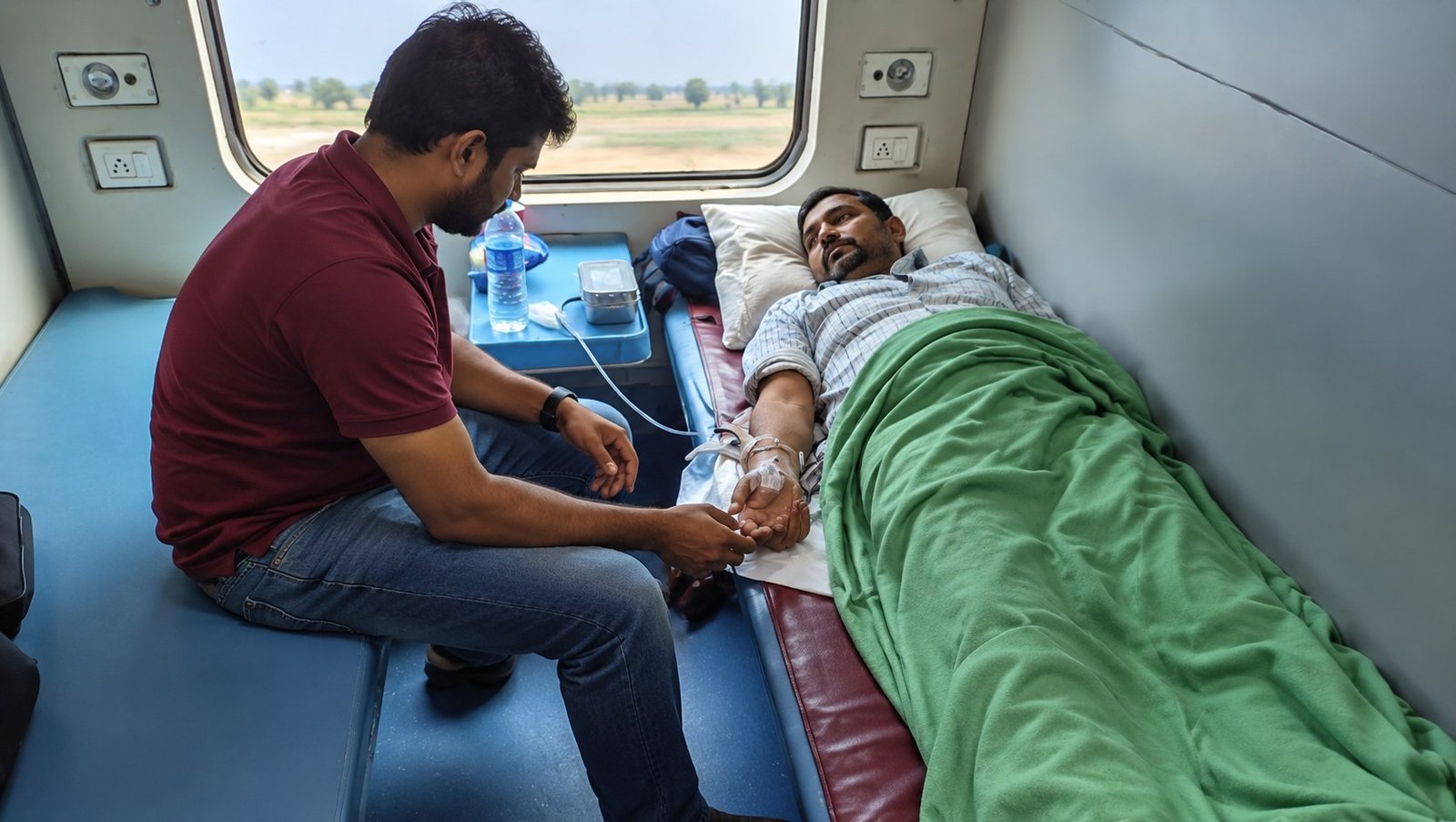 Attendant caring for a patient during a train ambulance transfer